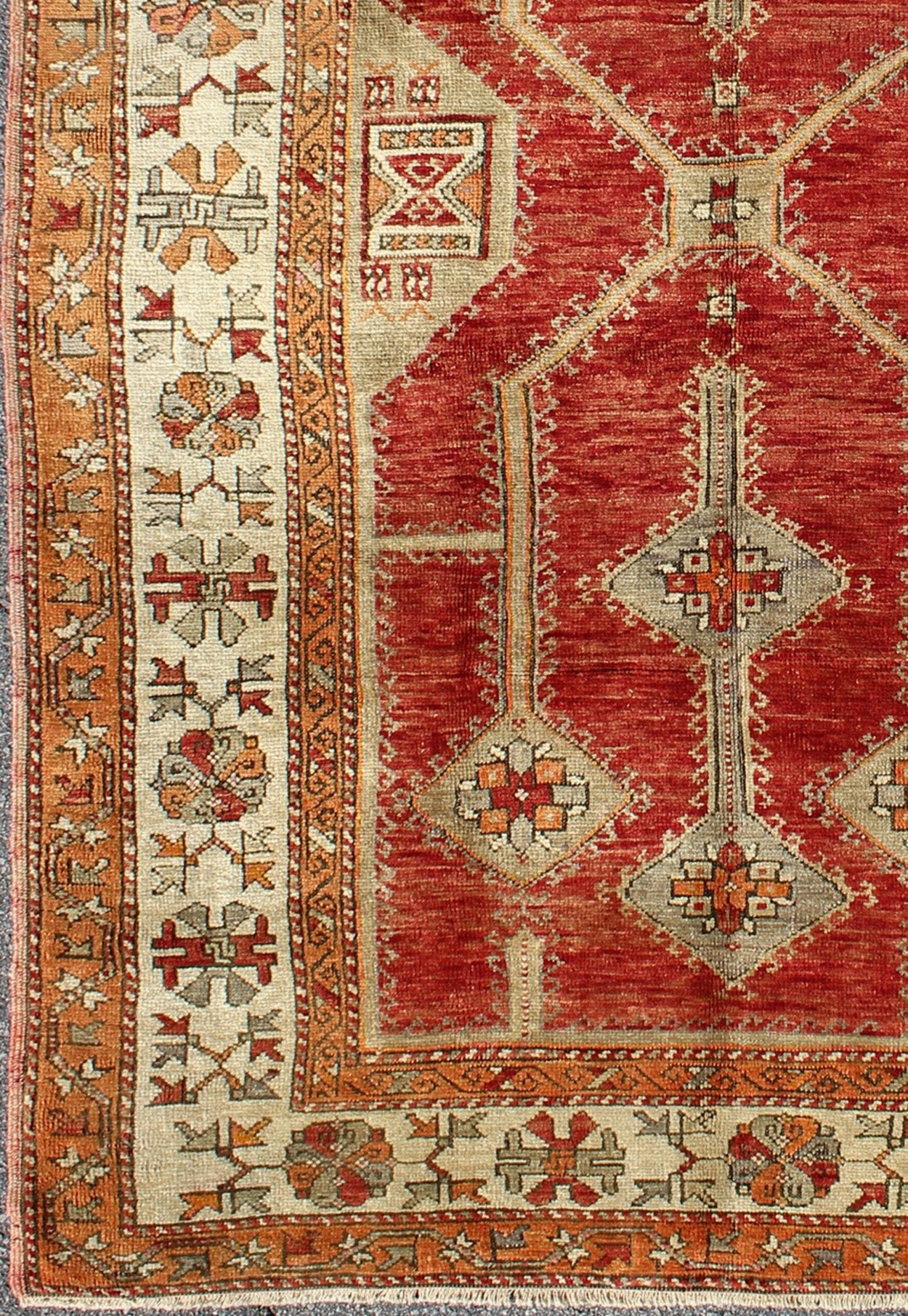Antique Turkish Oushak Rug With Geometric Design in Red, Light Green, Orange and Cream Antique Turkish Oushak Rug with All - Over Geometric Design in Red, Light Green. rug/NA - 75419 This unusual and uniquely designed antique Turkish Oushak carpet w... - Keivan Woven ArtsNA - 75419 - 956Rug