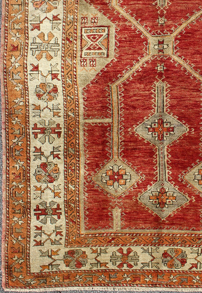 Antique Turkish Oushak Rug With Geometric Design in Red, Light Green, Orange and Cream Antique Turkish Oushak Rug with All - Over Geometric Design in Red, Light Green. rug/NA - 75419 This unusual and uniquely designed antique Turkish Oushak carpet w... - Keivan Woven ArtsNA - 75419 - 956Rug
