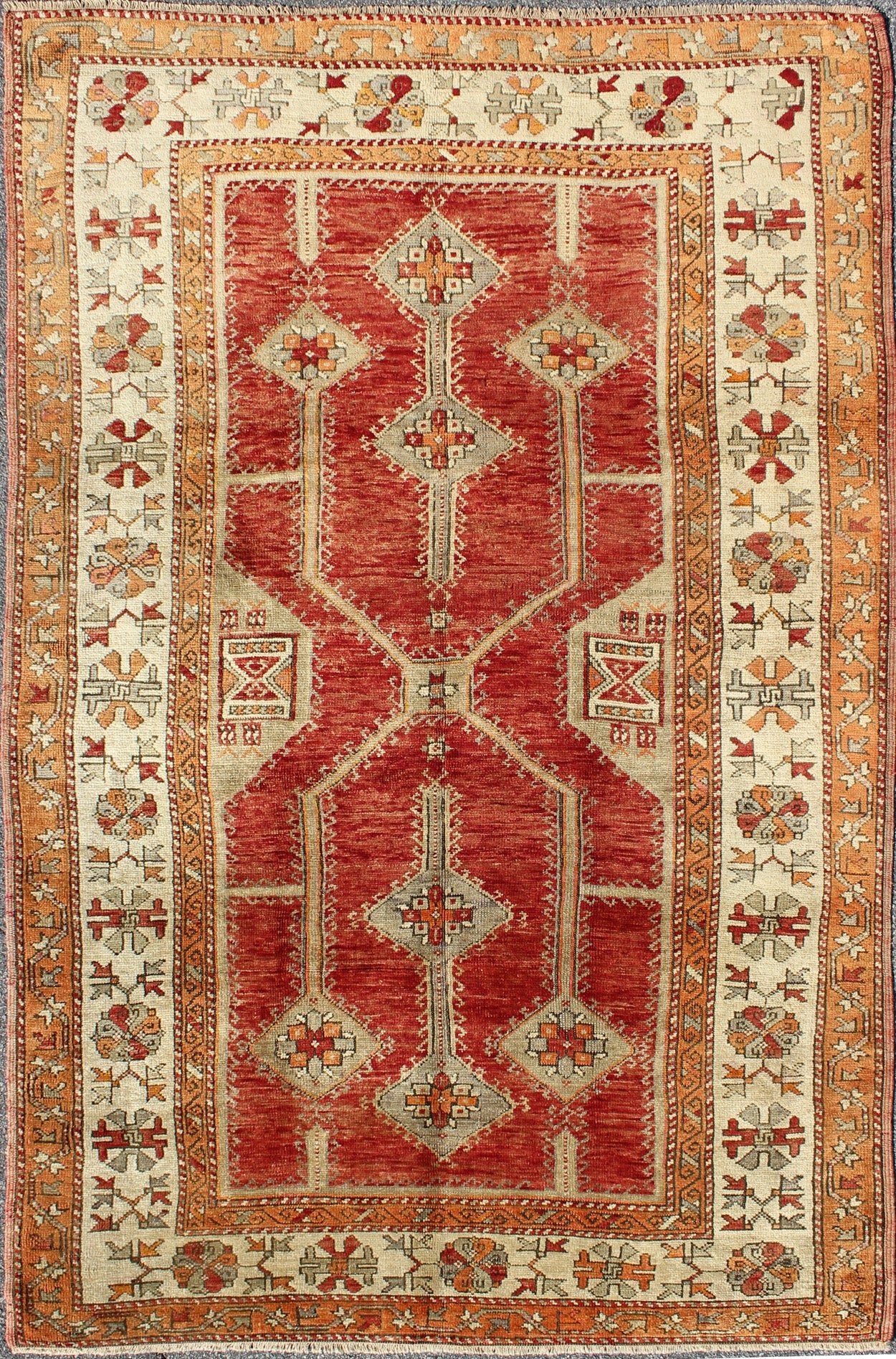 Antique Turkish Oushak Rug With Geometric Design in Red, Light Green, Orange and Cream Antique Turkish Oushak Rug with All - Over Geometric Design in Red, Light Green. rug/NA - 75419 This unusual and uniquely designed antique Turkish Oushak carpet w... - Keivan Woven ArtsNA - 75419 - 956Rug