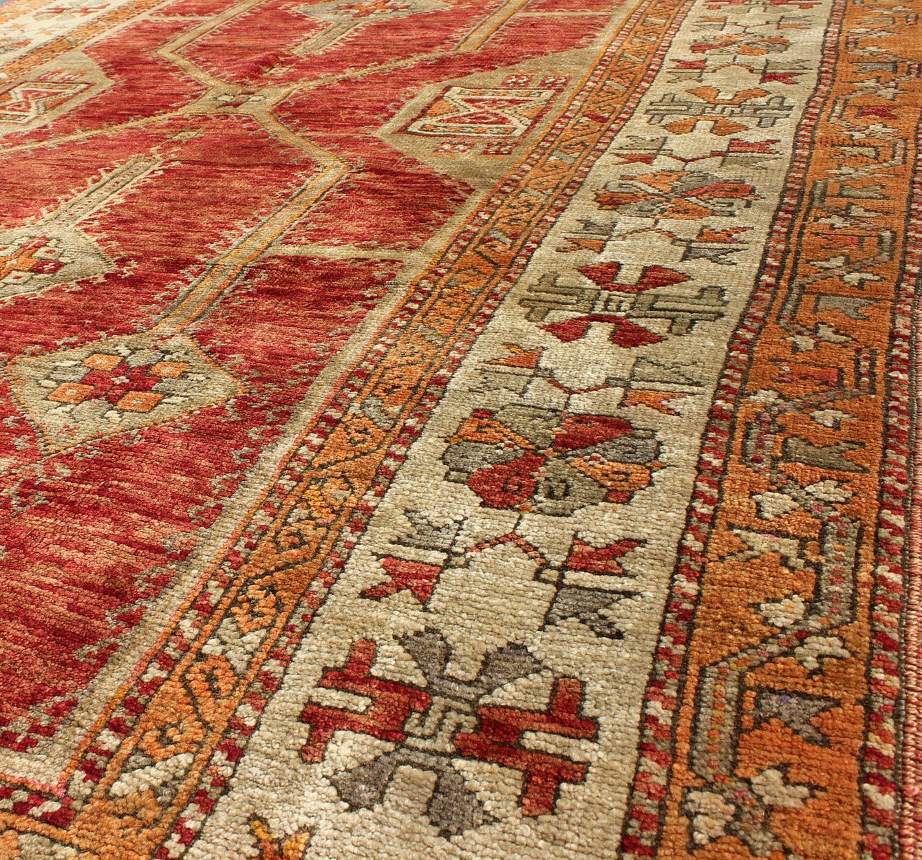 Antique Turkish Oushak Rug With Geometric Design in Red, Light Green, Orange and Cream Antique Turkish Oushak Rug with All - Over Geometric Design in Red, Light Green. rug/NA - 75419 This unusual and uniquely designed antique Turkish Oushak carpet w... - Keivan Woven ArtsNA - 75419 - 956
