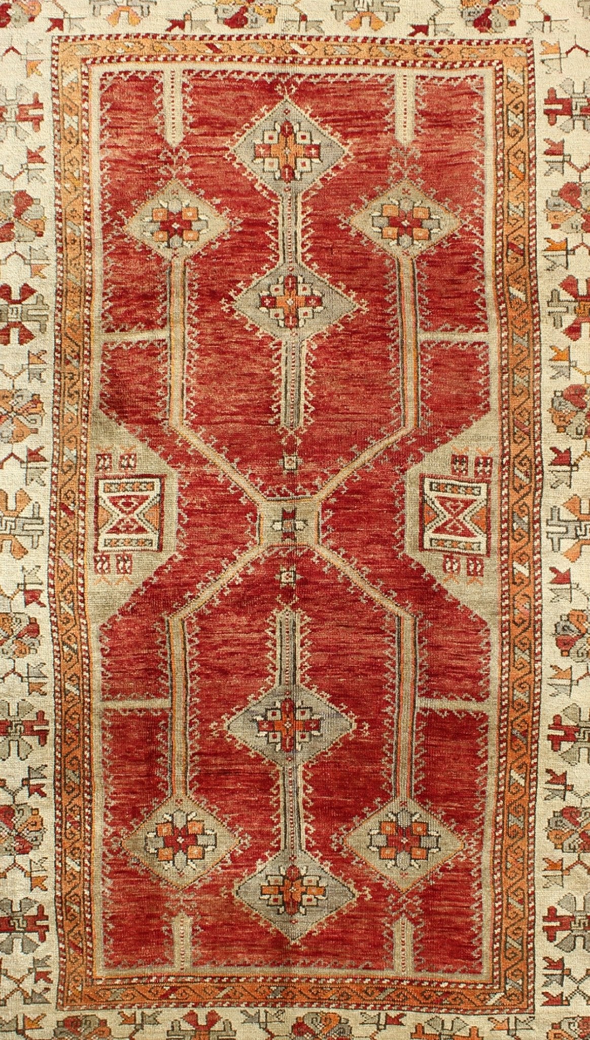 Antique Turkish Oushak Rug With Geometric Design in Red, Light Green, Orange and Cream Antique Turkish Oushak Rug with All - Over Geometric Design in Red, Light Green. rug/NA - 75419 This unusual and uniquely designed antique Turkish Oushak carpet w... - Keivan Woven ArtsNA - 75419 - 956Rug