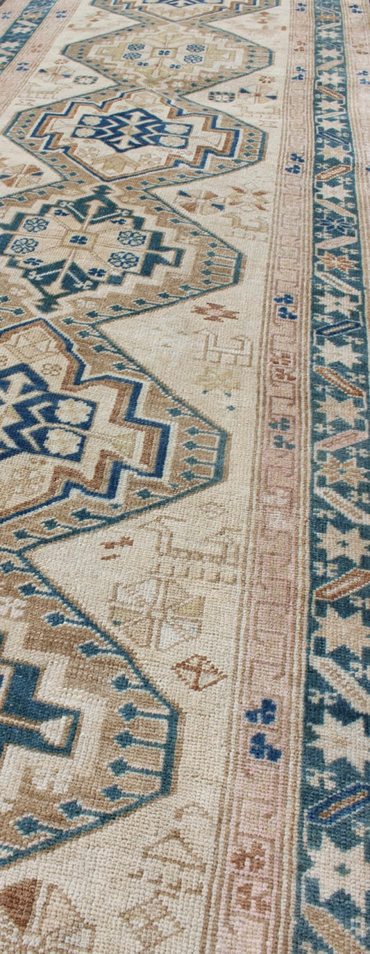 Antique Karabagh Caucasian Rug in Teal, Ivory, Cream & Nude With Stacked Medallions, rug na - 981608, country of origin / type: Turkey / Oushak, circa 1920 This long antique Turkish gallery runner, circa 1920 features a unique blend of colors and ... - Keivan Woven ArtsNA - 981608 - 1492Rug