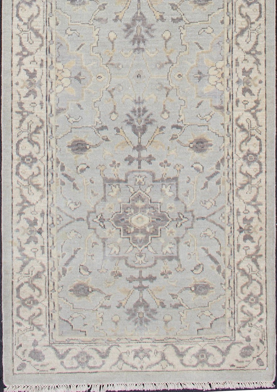 Modern Medallion Oushak Runner in Seafoam Green, Gray, Cream, Charcoal and Light Blue. Oushak rug with Seafoam, blue, gray, green and cream in a neutral color palette and medallion design, rug/OB - 10287863, country of origin / type: India/ Ousha... - Keivan Woven ArtsOB - 10287863 - 52560058 - 11346Rug