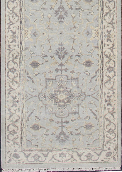 Modern Medallion Oushak Runner in Seafoam Green, Gray, Cream, Charcoal and Light Blue. Oushak rug with Seafoam, blue, gray, green and cream in a neutral color palette and medallion design, rug/OB - 10287863, country of origin / type: India/ Ousha... - Keivan Woven ArtsOB - 10287863 - 52560058 - 11346Rug