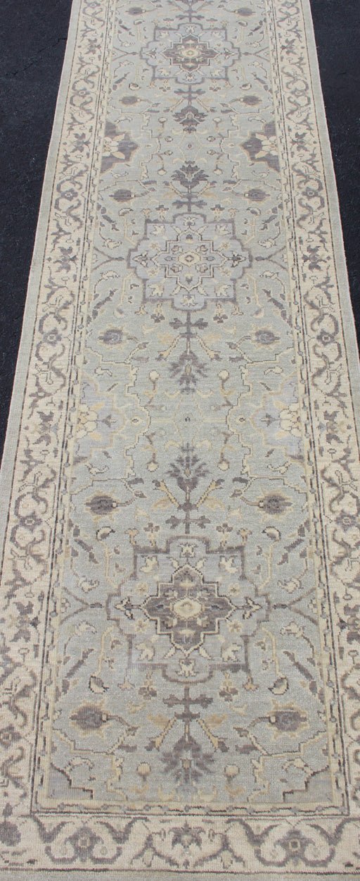 Modern Medallion Oushak Runner in Seafoam Green, Gray, Cream, Charcoal and Light Blue. Oushak rug with Seafoam, blue, gray, green and cream in a neutral color palette and medallion design, rug/OB - 10287863, country of origin / type: India/ Ousha... - Keivan Woven ArtsOB - 10287863 - 52560058 - 11346Rug