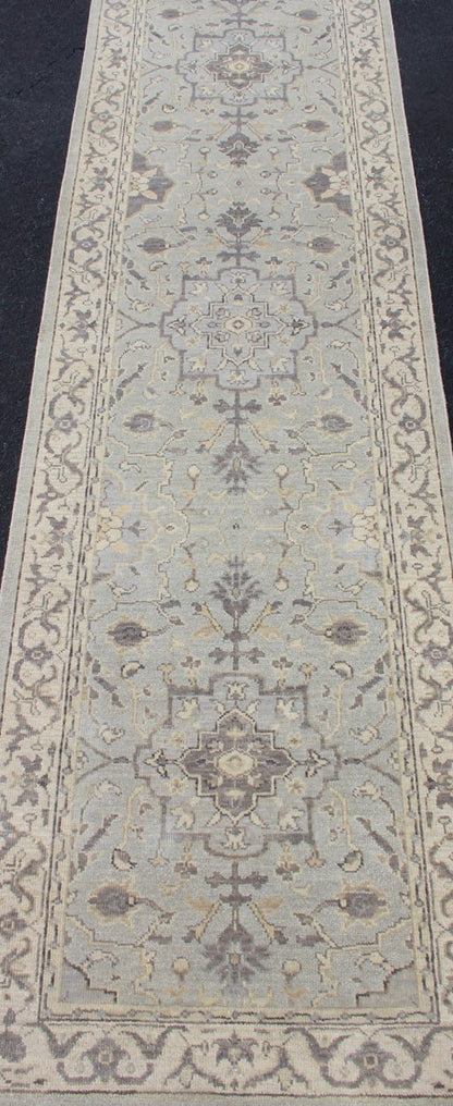 Modern Medallion Oushak Runner in Seafoam Green, Gray, Cream, Charcoal and Light Blue. Oushak rug with Seafoam, blue, gray, green and cream in a neutral color palette and medallion design, rug/OB - 10287863, country of origin / type: India/ Ousha... - Keivan Woven ArtsOB - 10287863 - 52560058 - 11346Rug