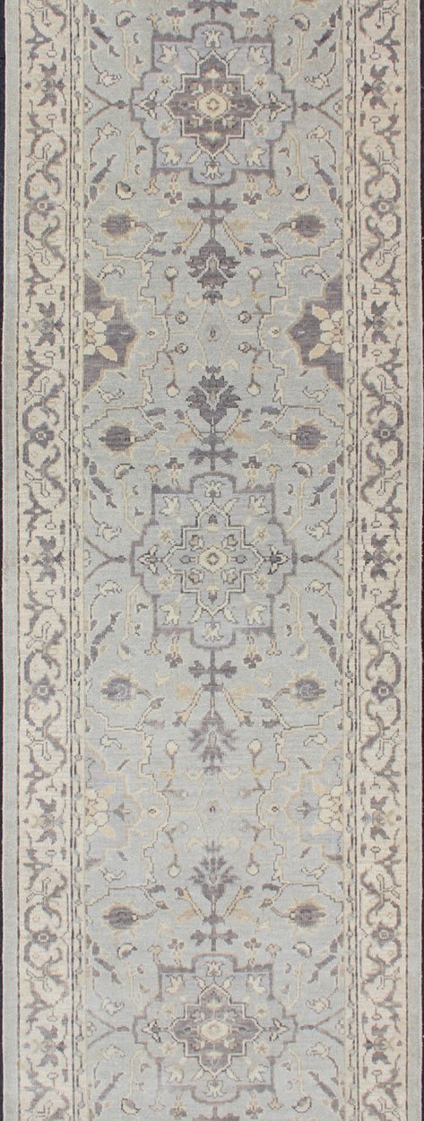 Modern Medallion Oushak Runner in Seafoam Green, Gray, Cream, Charcoal and Light Blue. Oushak rug with Seafoam, blue, gray, green and cream in a neutral color palette and medallion design, rug/OB - 10287863, country of origin / type: India/ Ousha... - Keivan Woven ArtsOB - 10287863 - 52560058 - 11346Rug