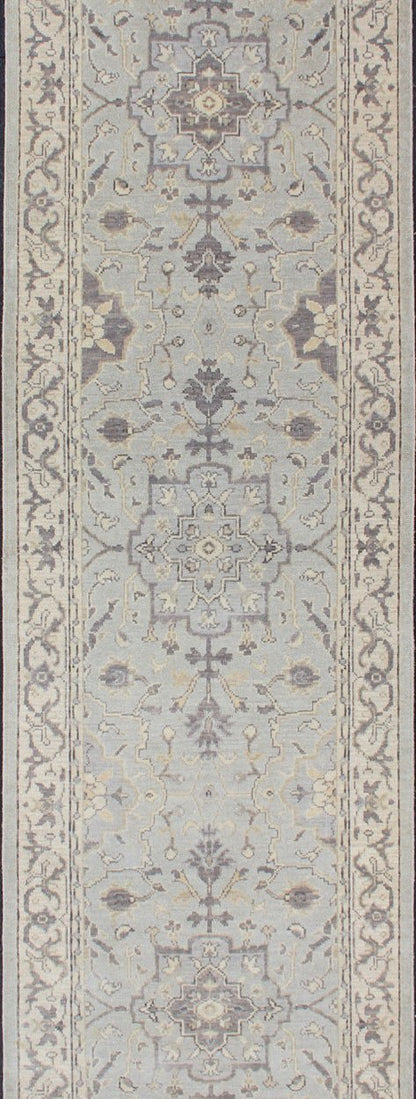 Modern Medallion Oushak Runner in Seafoam Green, Gray, Cream, Charcoal and Light Blue. Oushak rug with Seafoam, blue, gray, green and cream in a neutral color palette and medallion design, rug/OB - 10287863, country of origin / type: India/ Ousha... - Keivan Woven ArtsOB - 10287863 - 52560058 - 11346Rug