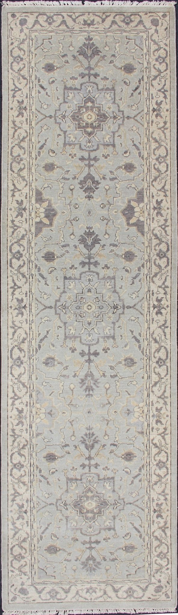 Modern Medallion Oushak Runner in Seafoam Green, Gray, Cream, Charcoal and Light Blue. Oushak rug with Seafoam, blue, gray, green and cream in a neutral color palette and medallion design, rug/OB - 10287863, country of origin / type: India/ Ousha... - Keivan Woven ArtsOB - 10287863 - 52560058 - 11346Rug