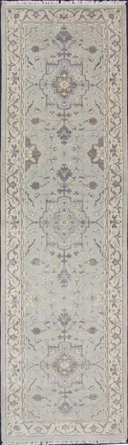 Modern Medallion Oushak Runner in Seafoam Green, Gray, Cream, Charcoal and Light Blue. Oushak rug with Seafoam, blue, gray, green and cream in a neutral color palette and medallion design, rug/OB - 10287863, country of origin / type: India/ Ousha... - Keivan Woven ArtsOB - 10287863 - 52560058 - 11346Rug