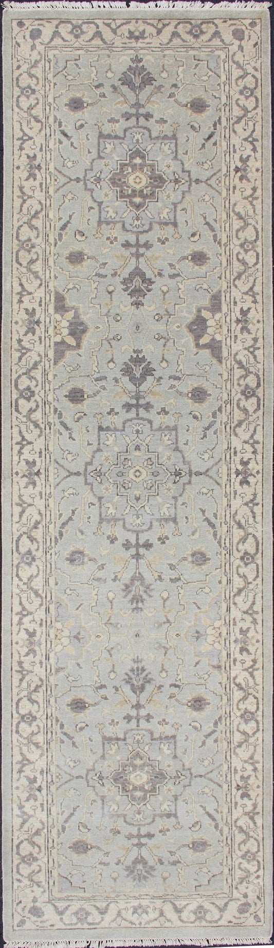 Modern Medallion Oushak Runner in Seafoam Green, Gray, Cream, Charcoal and Light Blue. Oushak rug with Seafoam, blue, gray, green and cream in a neutral color palette and medallion design, rug/OB - 10287863, country of origin / type: India/ Ousha... - Keivan Woven ArtsOB - 10287863 - 52560058 - 11346Rug