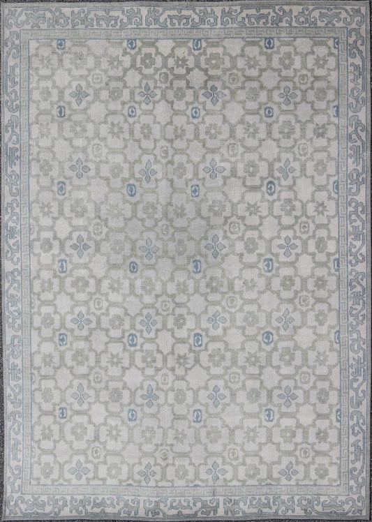 Modern Hand - Knotted Khotan Rug in Wool with All - Over Sub - Geometric Design by Keivan Woven Arts This modern Khotan rug has been hand - knotted in wool and features an all - over sub - geometric design rendered in blue, green and cream tones. A complem... - Keivan Woven ArtsOB - 103140415 - 1100057 - 9693