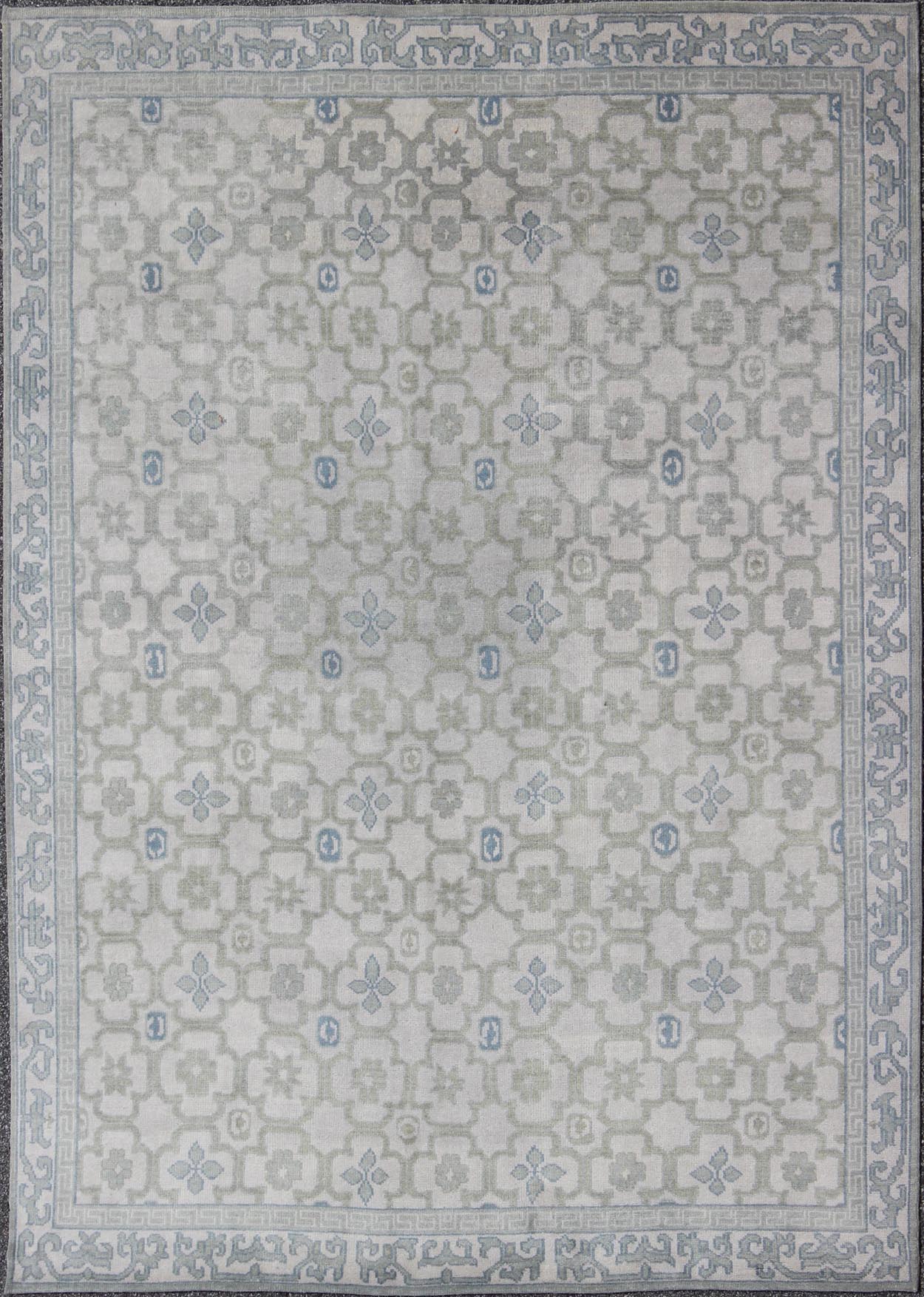 Modern Hand - Knotted Khotan Rug in Wool with All - Over Sub - Geometric Design by Keivan Woven Arts This modern Khotan rug has been hand - knotted in wool and features an all - over sub - geometric design rendered in blue, green and cream tones. A complem... - Keivan Woven ArtsOB - 103140415 - 1100057 - 9693Rug