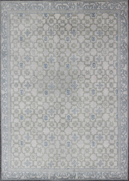 Modern Hand - Knotted Khotan Rug in Wool with All - Over Sub - Geometric Design by Keivan Woven Arts This modern Khotan rug has been hand - knotted in wool and features an all - over sub - geometric design rendered in blue, green and cream tones. A complem... - Keivan Woven ArtsOB - 103140415 - 1100057 - 9693Rug