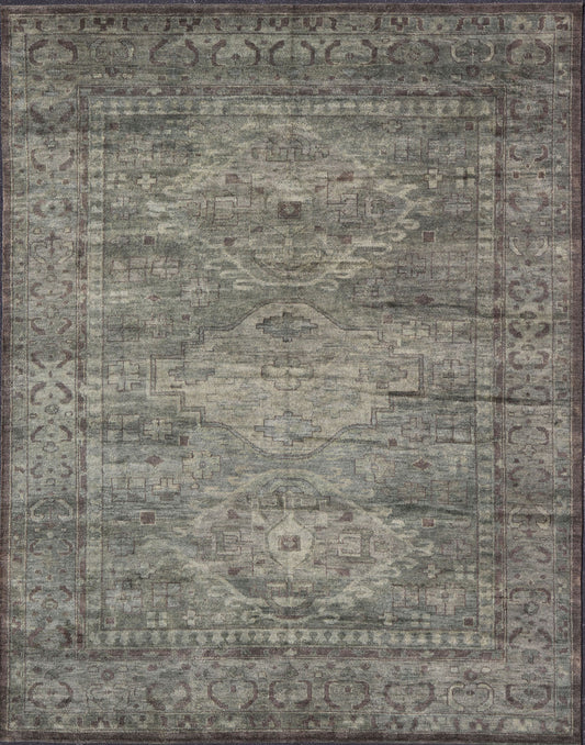 Large Modern Tribal Medallion Khotan in Muted Earthy Green Colors Measures 12'0 x 15'0 The border has tribal markings in a rich green brown color, atop a rustic blend of forest green background. The field remains the same forest green c... - Keivan Woven ArtsOB - 103434781 - 6230017 - 21084Rug
