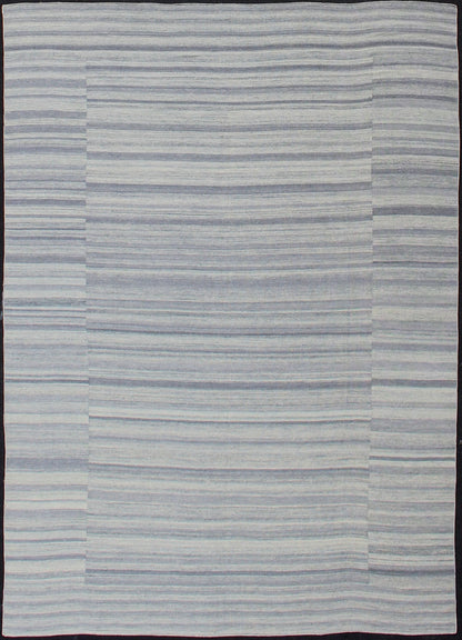 Large Flat Weave Kilim in Variegated Striped With Modern Design. Casual Kilim in Modern design, kilim rug with striped design in muted blues and grays, rug OB - 103715358 - 6018007, country of origin / type: India / Kilim This Casual modern rug ... - Keivan Woven ArtsOB - 103715358 - 6018007 - 13578Rug