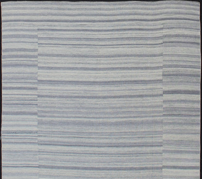 Large Flat Weave Kilim in Variegated Striped With Modern Design. Casual Kilim in Modern design, kilim rug with striped design in muted blues and grays, rug OB - 103715358 - 6018007, country of origin / type: India / Kilim This Casual modern rug ... - Keivan Woven ArtsOB - 103715358 - 6018007 - 13578