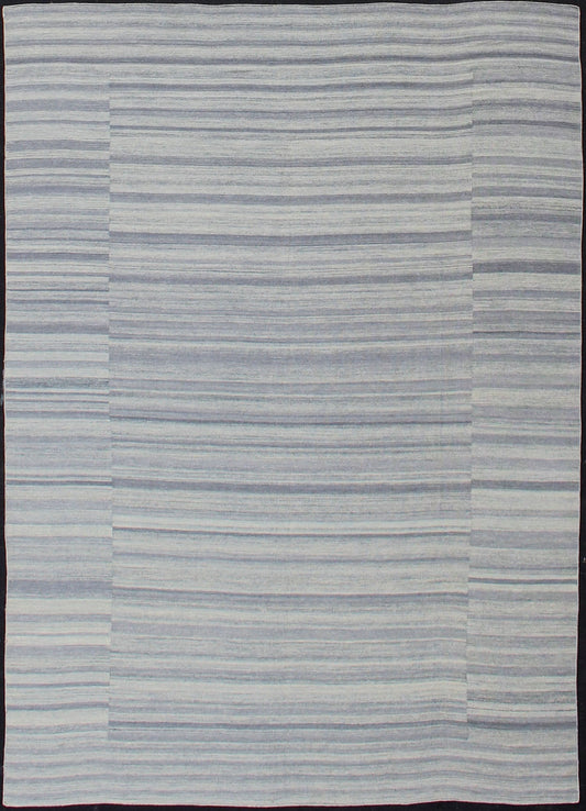 Keivan Woven Arts - Large Kilim in Variegated gray, Silver, blue Strips with Modern Design. Casual Kilim and Modern design Kilim rug with striped design in muted blues and grays, rug OB - 103715362 - 60180007, country of origin / type: India / Kilim ... - Keivan Woven ArtsOB - 103715362 - 60180007 - 13718