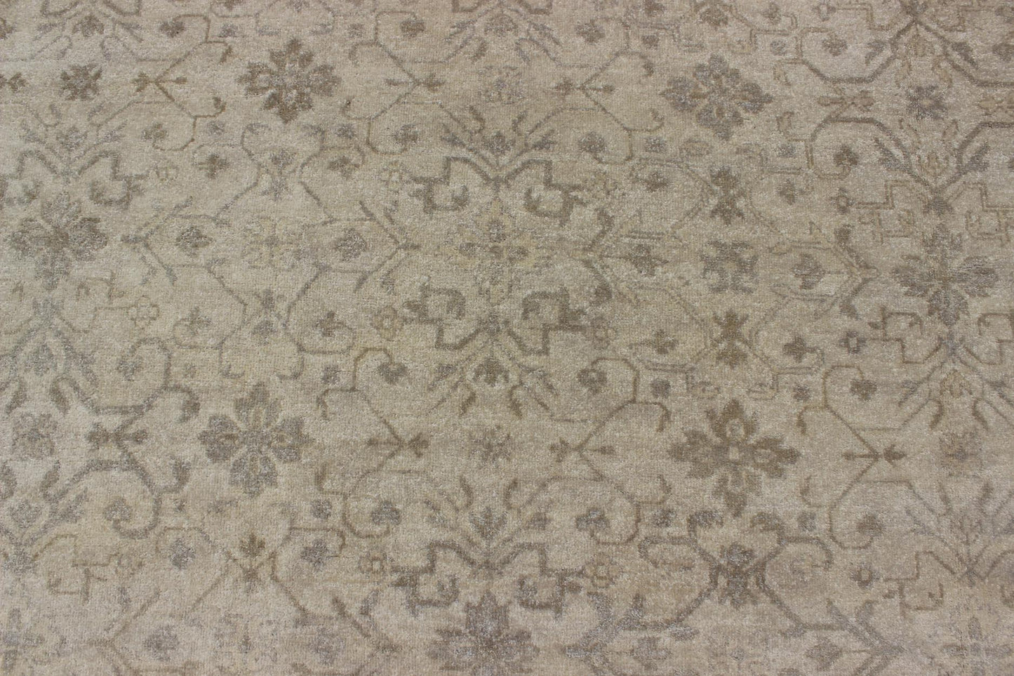 Modern Hand - Knotted Khotan Rug with Geometric Pattern in Taupe and Gray Tones Measures: 12'0 x 16'0. This modern hand - knotted Khotan features a geometric, all - over design flanked by a repeating pattern in the border. The entirety of th... - Keivan Woven ArtsOB - 103754979 - 680002 - 9699Rug