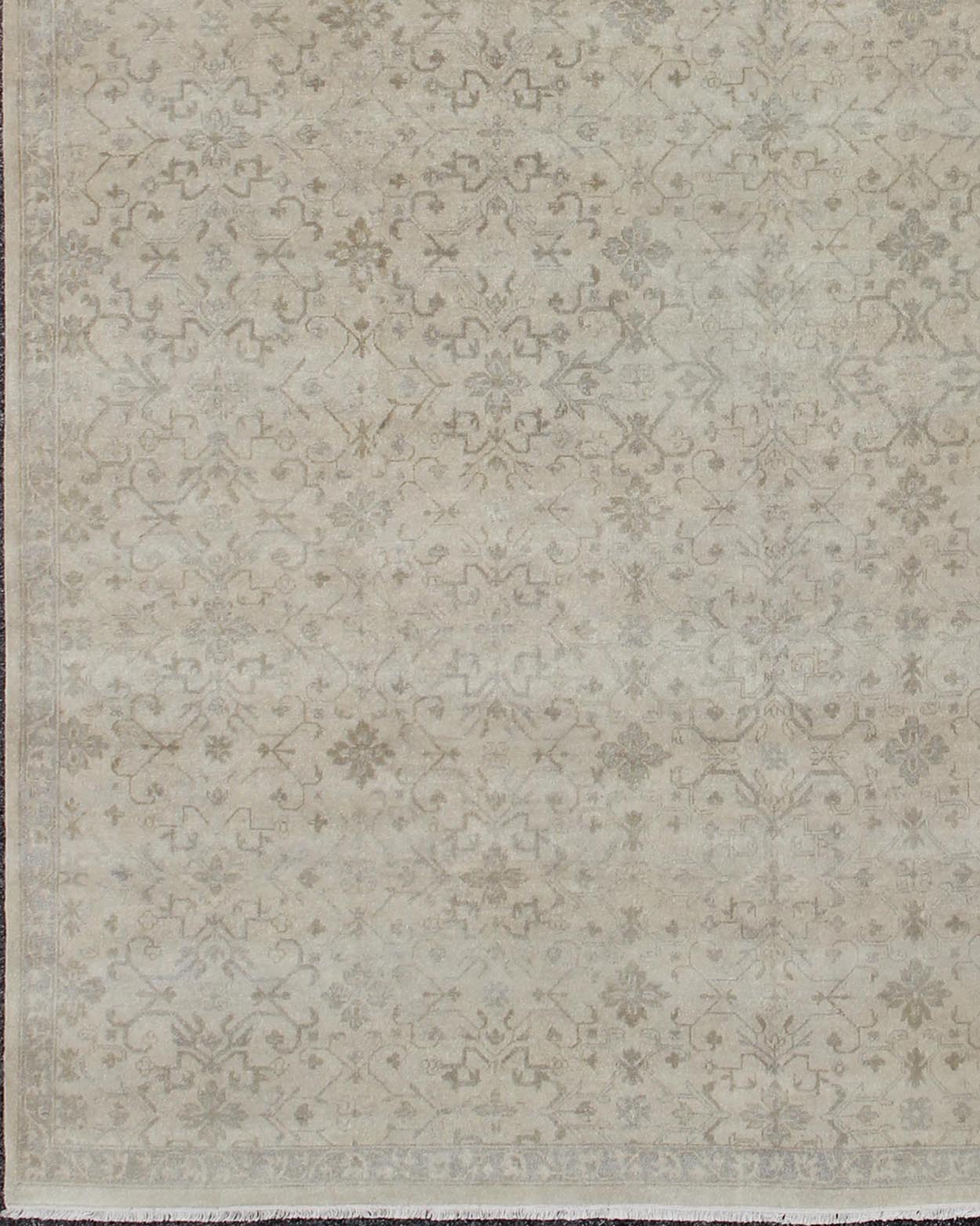 Modern Hand - Knotted Khotan Rug with Geometric Pattern in Taupe and Gray Tones Measures: 12'0 x 16'0. This modern hand - knotted Khotan features a geometric, all - over design flanked by a repeating pattern in the border. The entirety of th... - Keivan Woven ArtsOB - 103754979 - 680002 - 9699Rug
