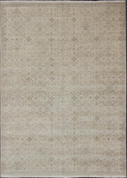 Modern Hand - Knotted Khotan Rug with Geometric Pattern in Taupe and Gray Tones Measures: 12'0 x 16'0. This modern hand - knotted Khotan features a geometric, all - over design flanked by a repeating pattern in the border. The entirety of th... - Keivan Woven ArtsOB - 103754979 - 680002 - 9699Rug