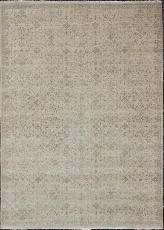 Modern Hand - Knotted Khotan Rug with Geometric Pattern in Taupe and Gray Tones Measures: 12'0 x 16'0. This modern hand - knotted Khotan features a geometric, all - over design flanked by a repeating pattern in the border. The entirety of th... - Keivan Woven ArtsOB - 103754979 - 680002 - 9699