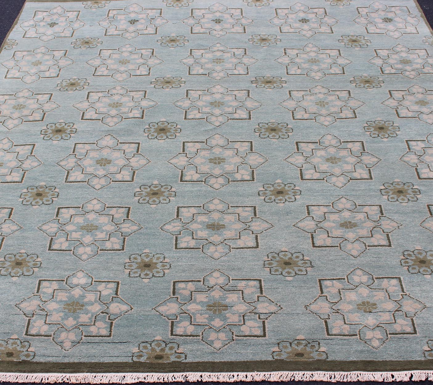 Square Size Modern Transitional Rug in Ice Blue Background and All - Over Design. Square Size Modern Transitional Rug in Ice Blue Background and All - Over Design Transitional rug with Ice blue background with green and neutrals. Keivan Woven Arts/... - Keivan Woven ArtsOB - 103854522 - 84090029 - 11543