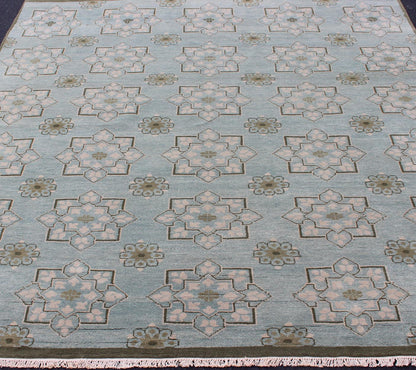 Square Size Modern Transitional Rug in Ice Blue Background and All - Over Design. Square Size Modern Transitional Rug in Ice Blue Background and All - Over Design Transitional rug with Ice blue background with green and neutrals. Keivan Woven Arts/... - Keivan Woven ArtsOB - 103854522 - 84090029 - 11543