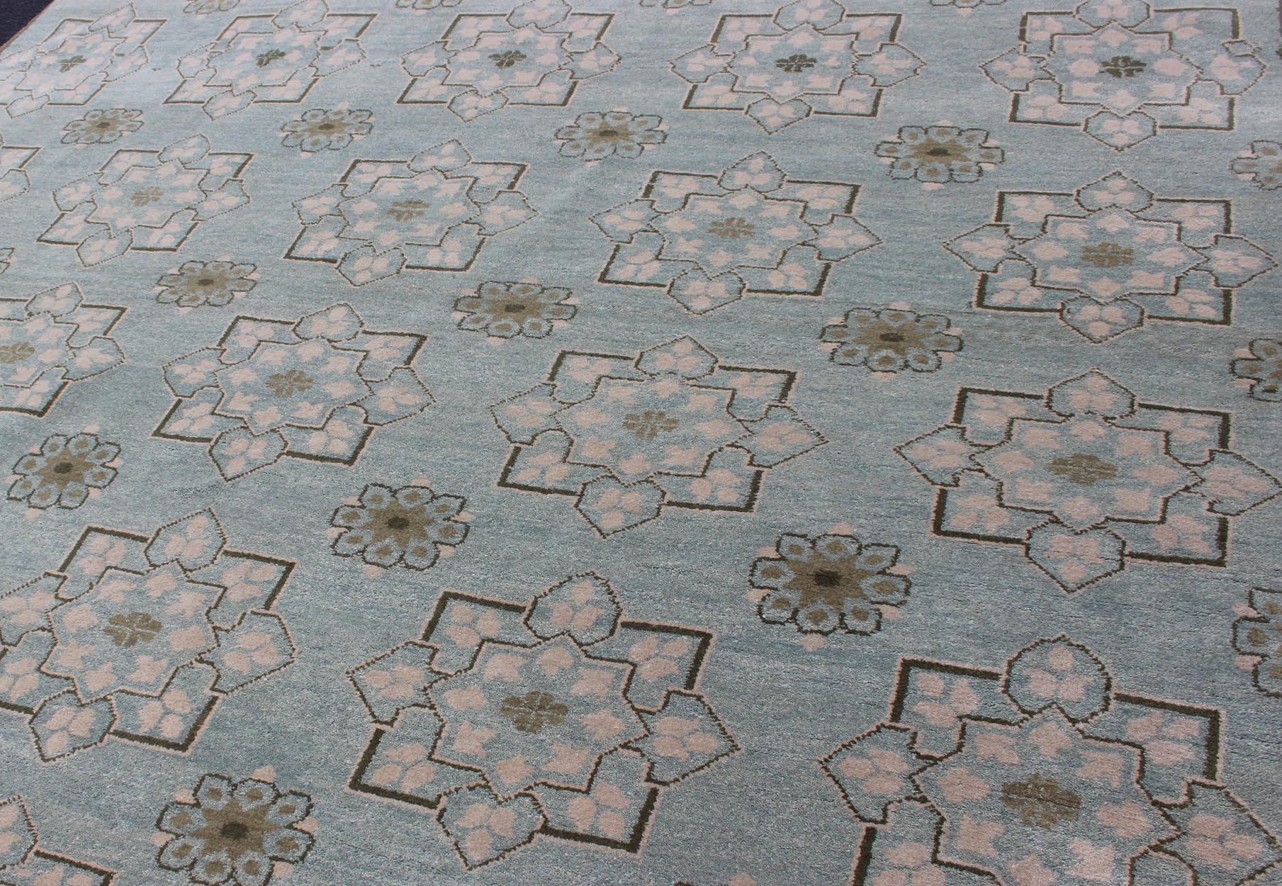 Square Size Modern Transitional Rug in Ice Blue Background and All - Over Design. Square Size Modern Transitional Rug in Ice Blue Background and All - Over Design Transitional rug with Ice blue background with green and neutrals. Keivan Woven Arts/... - Keivan Woven ArtsOB - 103854522 - 84090029 - 11543