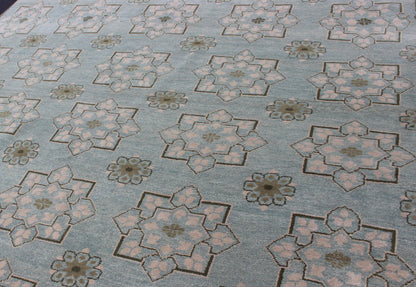 Square Size Modern Transitional Rug in Ice Blue Background and All - Over Design. Square Size Modern Transitional Rug in Ice Blue Background and All - Over Design Transitional rug with Ice blue background with green and neutrals. Keivan Woven Arts/... - Keivan Woven ArtsOB - 103854522 - 84090029 - 11543