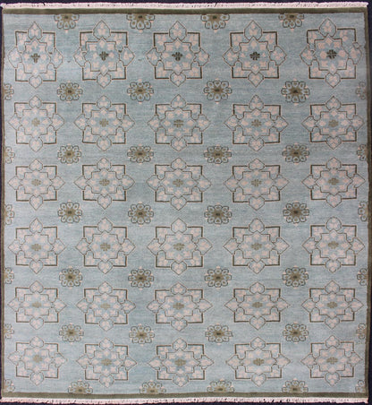 Square Size Modern Transitional Rug in Ice Blue Background and All - Over Design. Square Size Modern Transitional Rug in Ice Blue Background and All - Over Design Transitional rug with Ice blue background with green and neutrals. Keivan Woven Arts/... - Keivan Woven ArtsOB - 103854522 - 84090029 - 11543