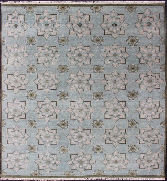 Square Size Modern Transitional Rug in Ice Blue Background and All - Over Design. Square Size Modern Transitional Rug in Ice Blue Background and All - Over Design Transitional rug with Ice blue background with green and neutrals. Keivan Woven Arts/... - Keivan Woven ArtsOB - 103854522 - 84090029 - 11543