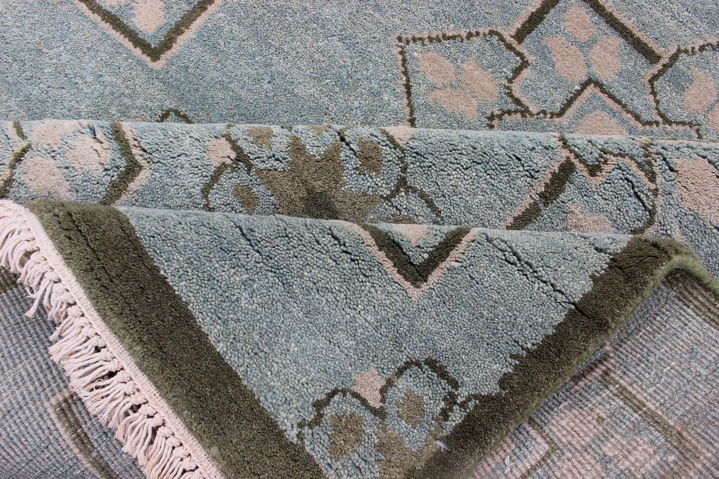 Square Size Modern Transitional Rug in Ice Blue Background and All - Over Design. Square Size Modern Transitional Rug in Ice Blue Background and All - Over Design Transitional rug with Ice blue background with green and neutrals. Keivan Woven Arts/... - Keivan Woven ArtsOB - 103854522 - 84090029 - 11543