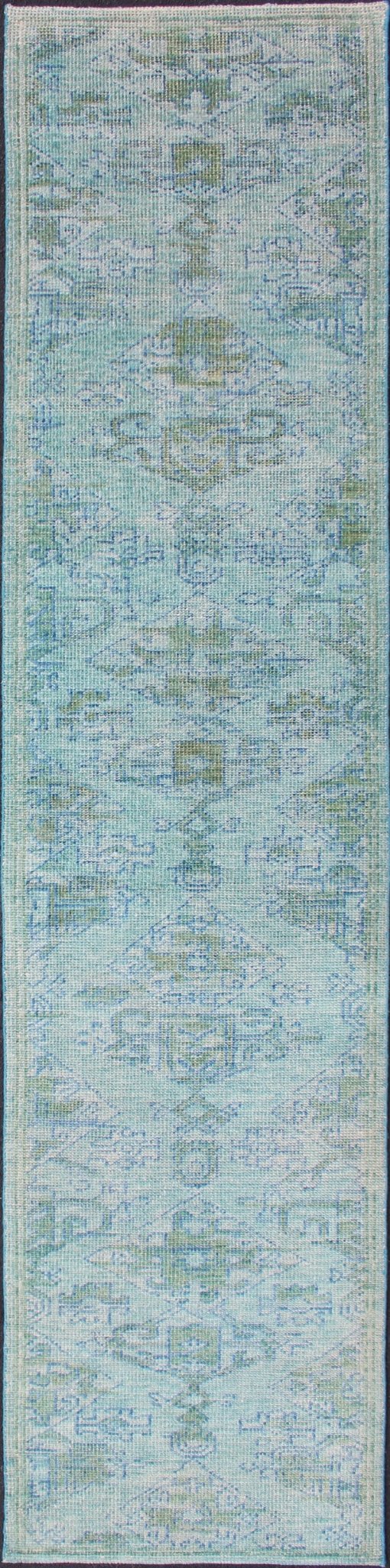 Keivan Woven Arts Modern Oushak Design Runner in Blue, Green, and Yellow Green. Keivan Woven Arts / rug/OB - 10399774, country of origin / type: India / Oushak, circa early - 21st Century. Measures: 2'9 x 12'0 This marvelous Oushak features an medall... - Keivan Woven ArtsOB - 10399774 - 56230160 - 11305Rug