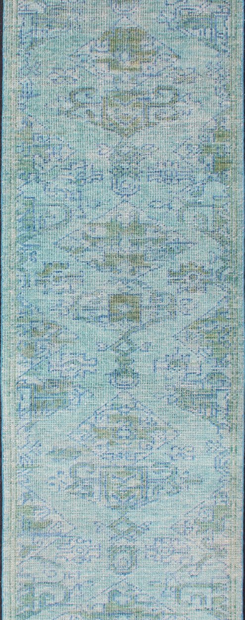 Keivan Woven Arts Modern Oushak Design Runner in Blue, Green, and Yellow Green. Keivan Woven Arts / rug/OB - 10399774, country of origin / type: India / Oushak, circa early - 21st Century. Measures: 2'9 x 12'0 This marvelous Oushak features an medall... - Keivan Woven ArtsOB - 10399774 - 56230160 - 11305Rug