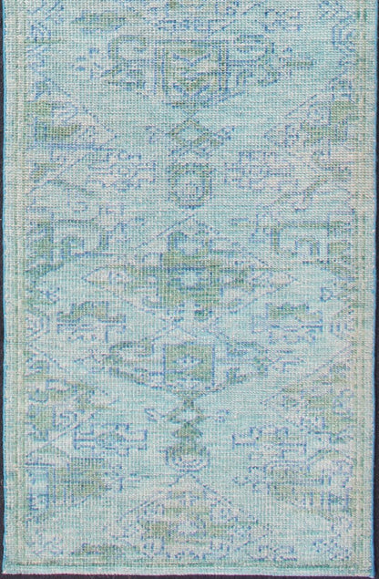 Keivan Woven Arts Modern Oushak Design Runner in Blue, Green, and Yellow Green. Keivan Woven Arts / rug/OB - 10399774, country of origin / type: India / Oushak, circa early - 21st Century. Measures: 2'9 x 12'0 This marvelous Oushak features an medall... - Keivan Woven ArtsOB - 10399774 - 56230160 - 11305Rug