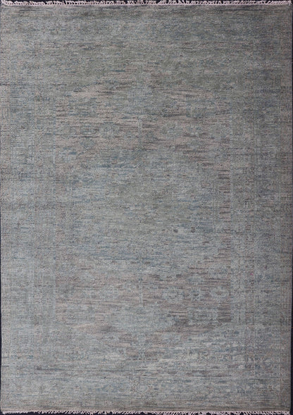 Modern Muted Oushak Type Rug in Wool With Sub - Geometric Design in Green & Earthy Tones This modern Indian rug has been hand - knotted in wool and features an all - over, sub - geometric design rendered in green and earthy tones. A complementary, mult... - Keivan Woven ArtsOB - 104744922 - 56230141 - 15512