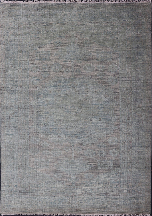 Modern Muted Oushak Type Rug in Wool With Sub - Geometric Design in Green & Earthy Tones This modern Indian rug has been hand - knotted in wool and features an all - over, sub - geometric design rendered in green and earthy tones. A complementary, mult... - Keivan Woven ArtsOB - 104744922 - 56230141 - 15512