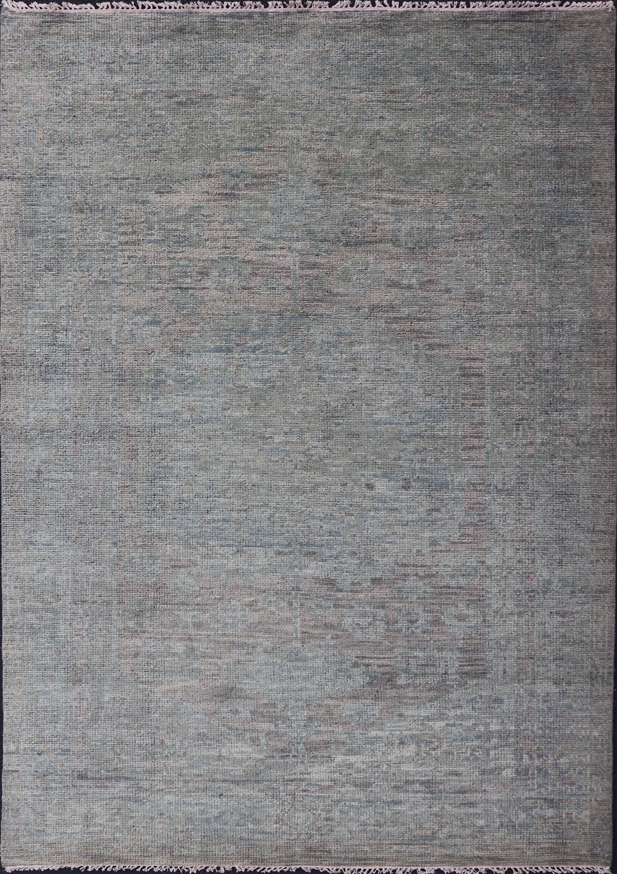 Modern Muted Oushak Type Rug in Wool With Sub - Geometric Design in Green & Earthy Tones This modern Indian rug has been hand - knotted in wool and features an all - over, sub - geometric design rendered in green and earthy tones. A complementary, mult... - Keivan Woven ArtsOB - 104744922 - 56230141 - 15512Rug