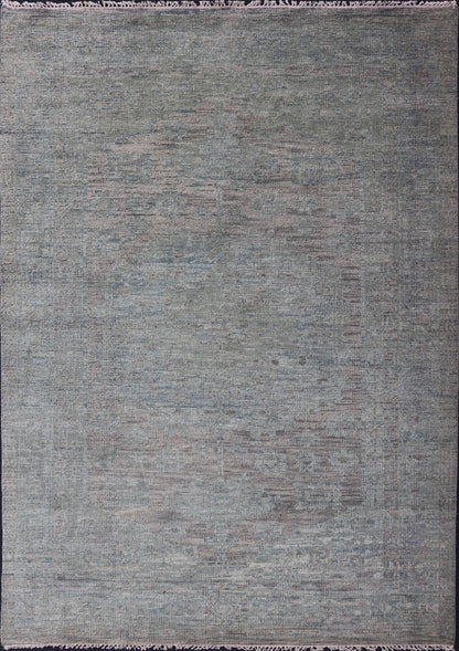 Modern Muted Oushak Type Rug in Wool With Sub - Geometric Design in Green & Earthy Tones This modern Indian rug has been hand - knotted in wool and features an all - over, sub - geometric design rendered in green and earthy tones. A complementary, mult... - Keivan Woven ArtsOB - 104744922 - 56230141 - 15512Rug