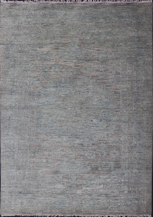 Modern Muted Oushak Type Rug in Wool With Sub - Geometric Design in Green & Earthy Tones This modern Indian rug has been hand - knotted in wool and features an all - over, sub - geometric design rendered in green and earthy tones. A complementary, mult... - Keivan Woven ArtsOB - 104744922 - 56230141 - 15512Rug