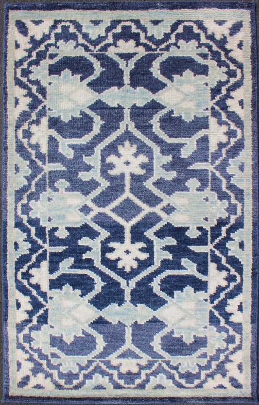 Modern Hand - Knotted Oushak Rug in Wool with Sub - Geometric Design in Blue This modern Indian Oushak rug has been hand - knotted in wool and features an all - over, sub - geometric design rendered in blue and ivory tones. A complementary, multi - tiered ... - Keivan Woven ArtsOB - 10542973 - 6230320 - 11311Rug