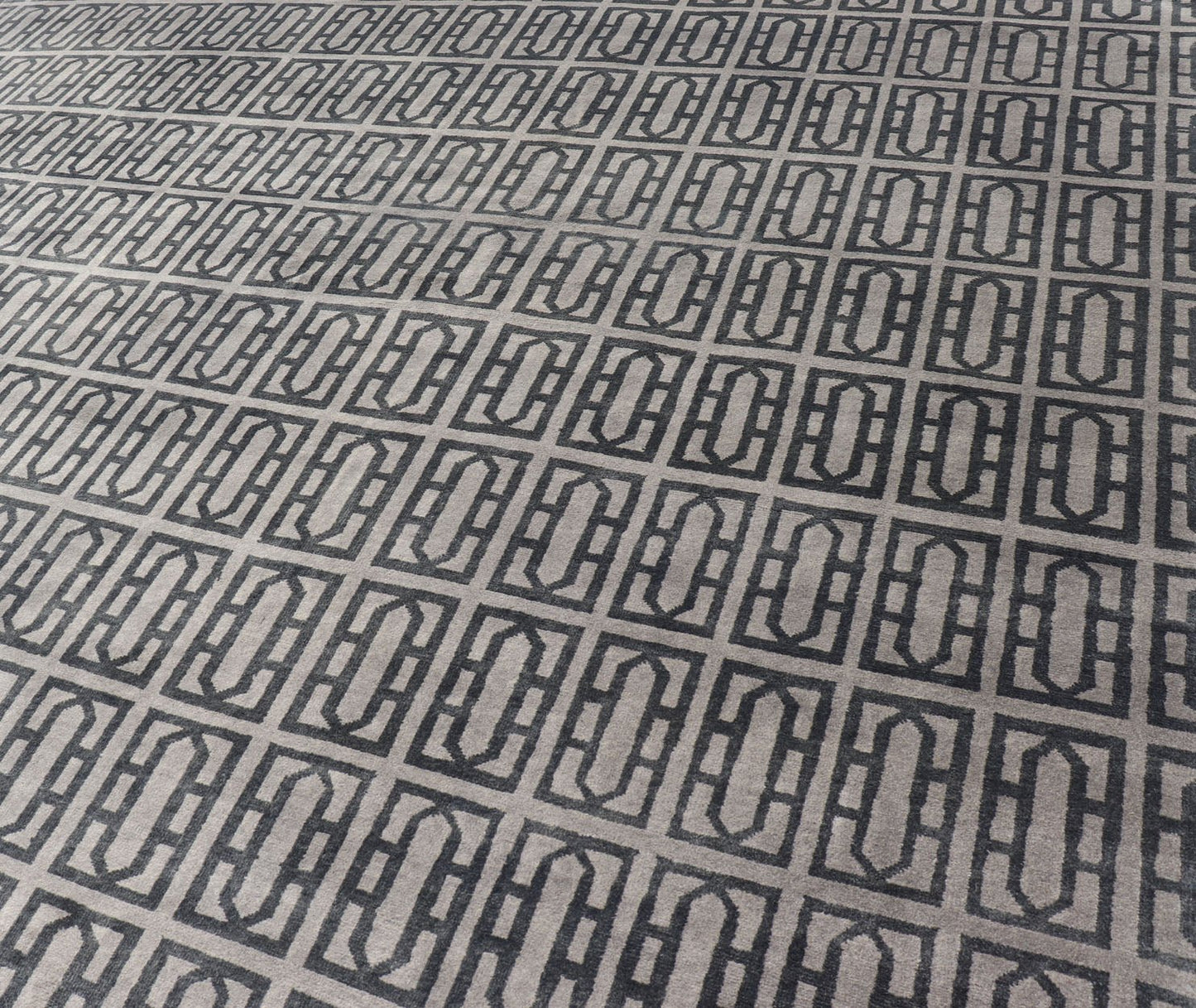 Modern Hand - Knotted Rug in Wool with All - Over Geometric Design in Gray and Black This modern India rug has been hand - knotted in wool and features an all - over geometric design rendered in gray and black tones. A complementary, multi - tiered borde... - Keivan Woven ArtsOB - 106011594 - 12560129 - 15518Rug