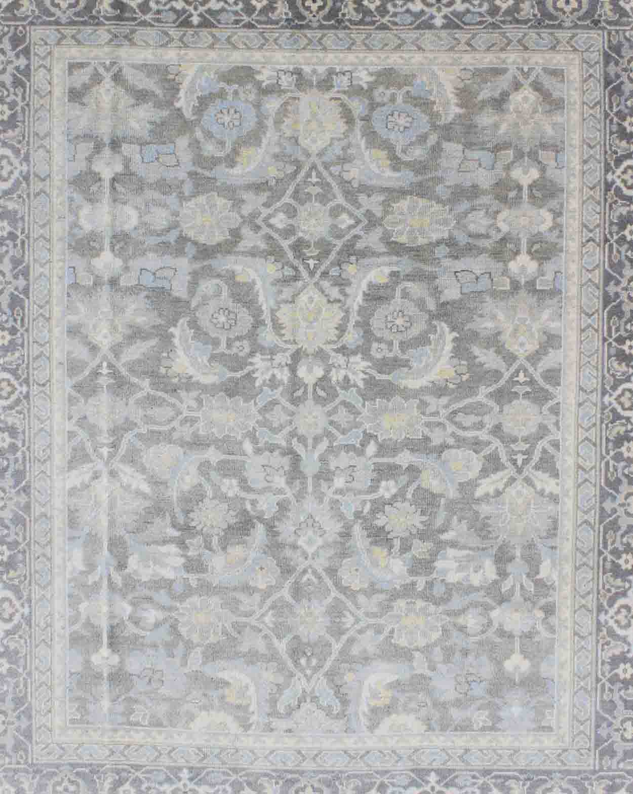 Squared shaped Malayerdesign rug in gray, silver, light blue and charcoal with all - over geometric design, Keivan Woven Arts/ rug OB - 5921, country of origin / type: India/ Malayer. Measures: 7' x 9'. This hand knotted Malayer design rug fe... - Keivan Woven ArtsOB - 5921 - 3365Rug