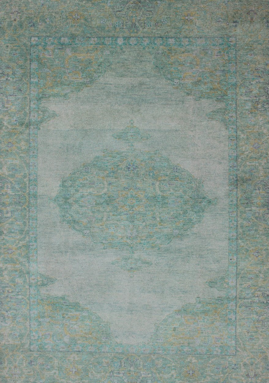 Modern Oushak Rug With Floral Medallion Design in Various Shades of Green. New Oushak Rug, rug/OB - 9242125, country of origin / type: India / Oushak, circa early - 21st Century. Contemporary Indian Rug. This hand - knotted Oushak rug features... - Keivan Woven ArtsOB - 9242125 - 1310012 - 920Rug