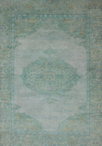 Modern Oushak Rug With Floral Medallion Design in Various Shades of Green. New Oushak Rug, rug/OB - 9242125, country of origin / type: India / Oushak, circa early - 21st Century. Contemporary Indian Rug. This hand - knotted Oushak rug features... - Keivan Woven ArtsOB - 9242125 - 1310012 - 920Rug