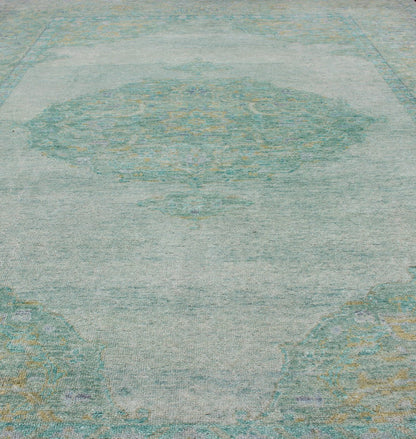 Modern Oushak Rug With Floral Medallion Design in Various Shades of Green. New Oushak Rug, rug/OB - 9242125, country of origin / type: India / Oushak, circa early - 21st Century. Contemporary Indian Rug. This hand - knotted Oushak rug features... - Keivan Woven ArtsOB - 9242125 - 1310012 - 920Rug