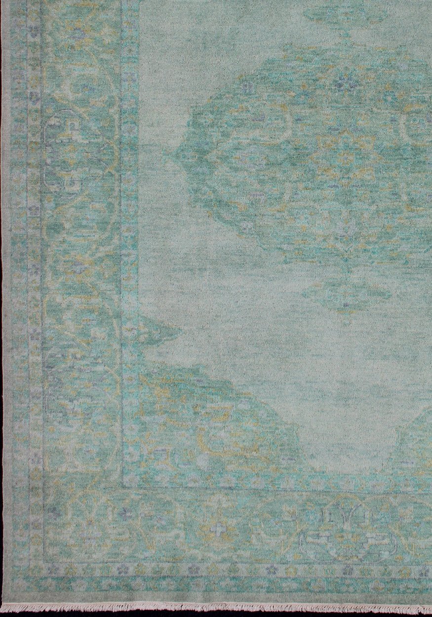 Modern Oushak Rug With Floral Medallion Design in Various Shades of Green. New Oushak Rug, rug/OB - 9242125, country of origin / type: India / Oushak, circa early - 21st Century. Contemporary Indian Rug. This hand - knotted Oushak rug features... - Keivan Woven ArtsOB - 9242125 - 1310012 - 920Rug