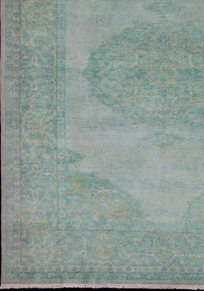 Modern Oushak Rug With Floral Medallion Design in Various Shades of Green. New Oushak Rug, rug/OB - 9242125, country of origin / type: India / Oushak, circa early - 21st Century. Contemporary Indian Rug. This hand - knotted Oushak rug features... - Keivan Woven ArtsOB - 9242125 - 1310012 - 920Rug