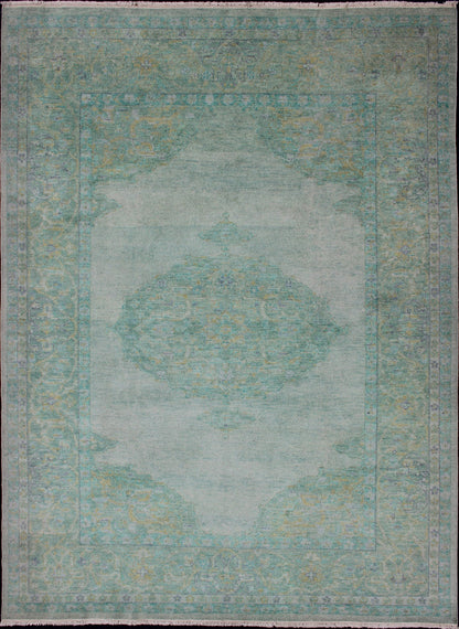 Modern Oushak Rug With Floral Medallion Design in Various Shades of Green. New Oushak Rug, rug/OB - 9242125, country of origin / type: India / Oushak, circa early - 21st Century. Contemporary Indian Rug. This hand - knotted Oushak rug features... - Keivan Woven ArtsOB - 9242125 - 1310012 - 920Rug